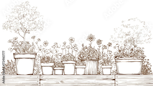 Serene Garden Scene with Wooden Flowerpots for Relaxing Outdoor Ambiance
