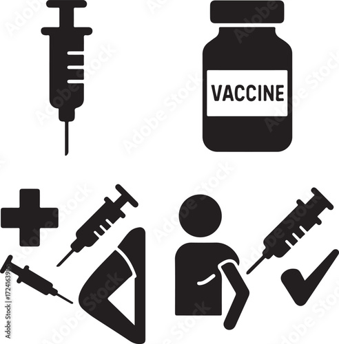 Solid black icons for medical vaccination and virus protection Keywords: vaccine syringe medical healthcare