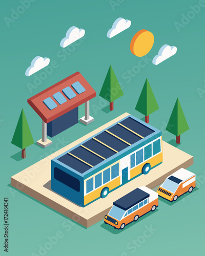 A selfsufficient bus depot equipped with solar panels and batteries is able to operate independently from the main power grid.. Vector illustration