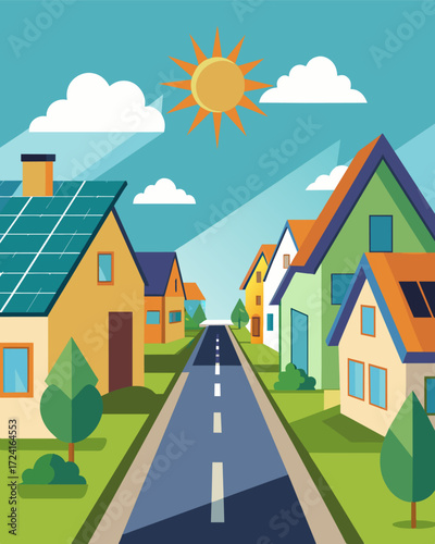A suburban street lined with homes powered by solar energy each one boasting a reliable and ecofriendly home security system.. Vector illustration