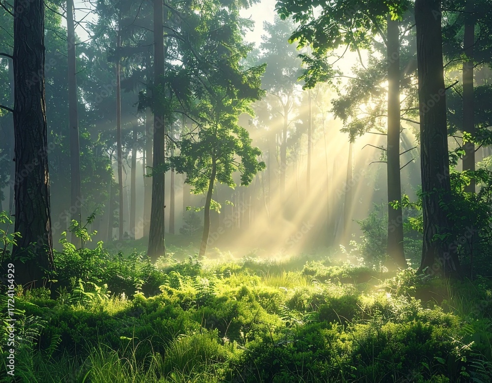 Fototapeta premium Lush forest with mist, sun rays through trees, tranquil scene