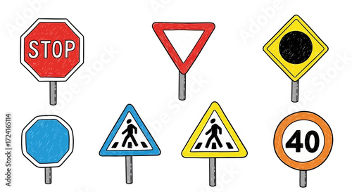Collection of various road signs, including stop, yield, pedestrian crossing, and speed limit indicators.