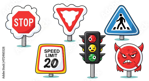 A collection of cartoon traffic signs including stop, yield, pedestrian crossing, speed limit, traffic light, and a devilish sign.