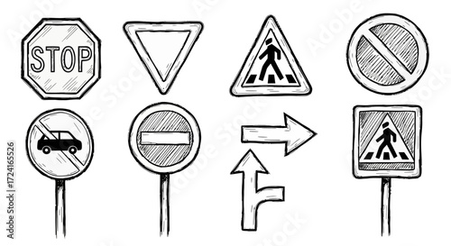 Collection of hand-drawn traffic signs, including stop, yield, pedestrian crossing, and no entry signs.