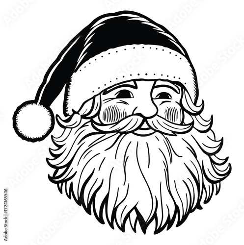 Christmas Santa Claus Head, Black and White Illustration