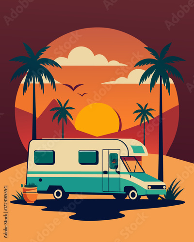A sophisticated RV parked in a desert oasis with palm trees swaying in the breeze. Inside the freelancer takes a break from work to lounge on their plush leather sofa and admire. Vector illustration