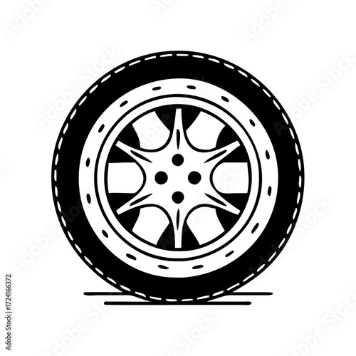 Vector art of a black and white illustration of a car tire for transportation and automotive