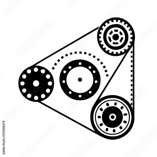 Vector art of a black and white illustration of a belt drive system for mechanical engineering