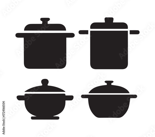 Set of four black cooking pot icons on white background