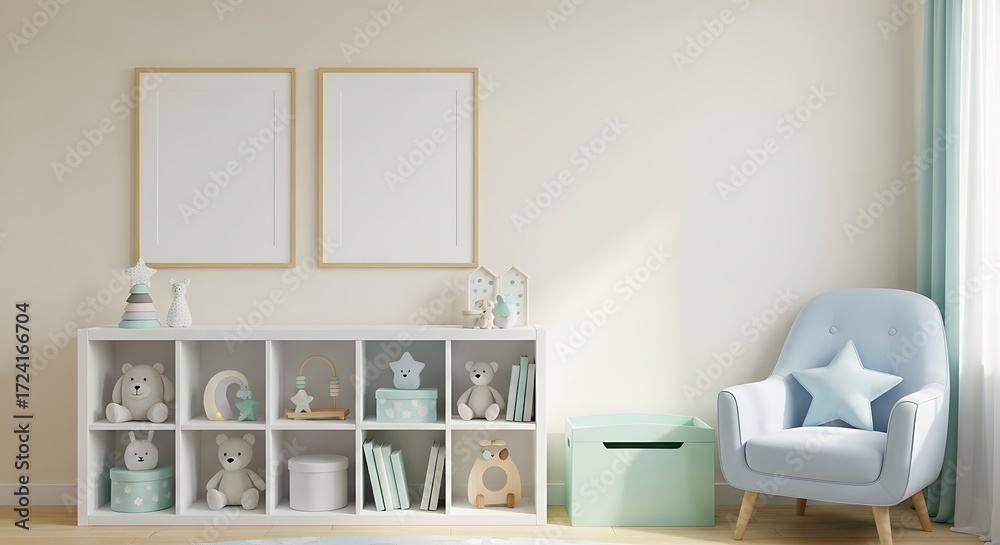 Fototapeta premium Cozy Nursery Corner with Bookshelf, Armchair, and Blank Frames Keywords: nursery, corner, bookshelf