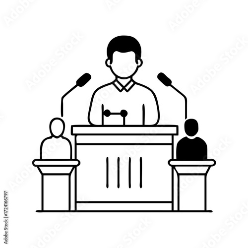 Illustration of a politician giving a speech at a podium with microphones