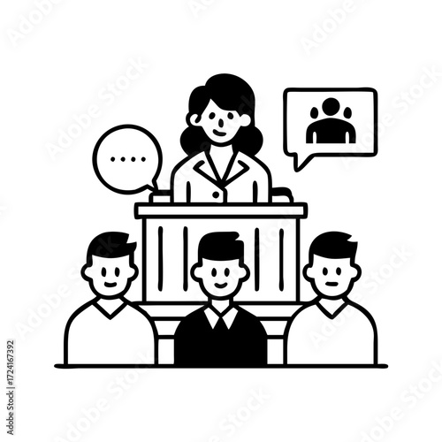 Vector art of woman giving speech at a podium with people listening, public speaker concept