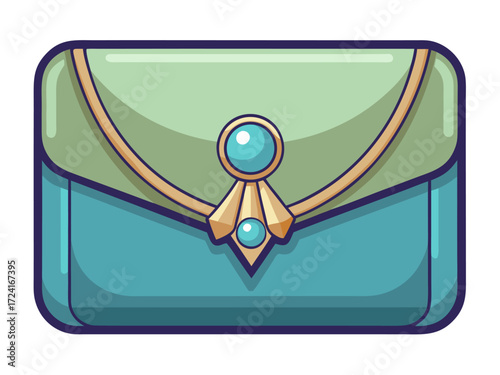 Luxury clutch with decorative details and gem. Cartoon vector illustration