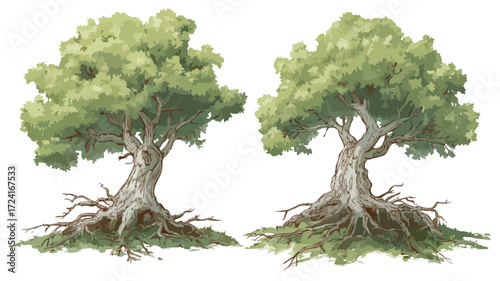 Uprooting Two Trees Vector Illustration: Growth, Change, Impact of Deforestation