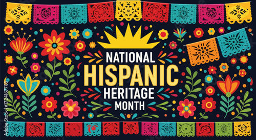 Colorful vector illustration of National Hispanic Heritage Month with papel picado banners, floral decorations, and festive patterns celebrating Latin culture, tradition, and community pride