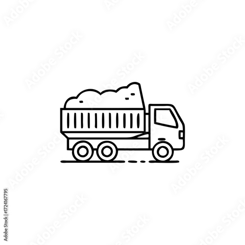 Vector art of dump truck line icon heavy construction vehicle transporting sand or gravel