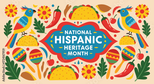 Colorful vector illustration of National Hispanic Heritage Month celebration with festive maracas, tacos, chili peppers, flowers, and birds, symbolizing culture, tradition, and community pride
