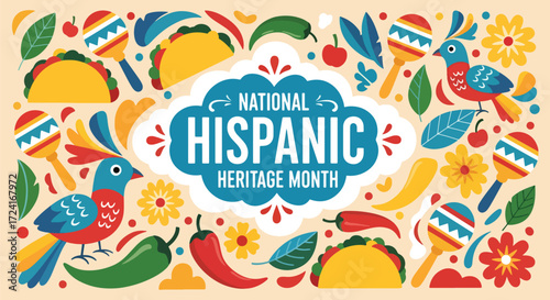 Colorful vector illustration of National Hispanic Heritage Month celebration with festive maracas, tacos, chili peppers, flowers, and birds, symbolizing culture, tradition, and community pride