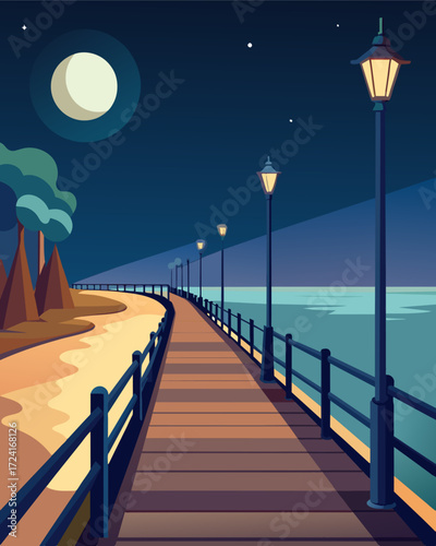 A scenic boardwalk by the beach the only source of light coming from subtle solarpowered streetlights to preserve the natural beauty of the area.. Vector illustration