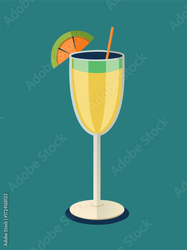 Exotic beach drink with orange wheel and strew. Cartoon vector illustration