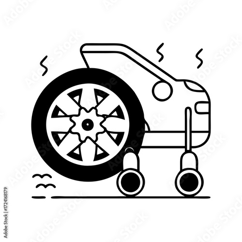 Vector art of car wheel problem car accident with broken wheel and smoke coming out