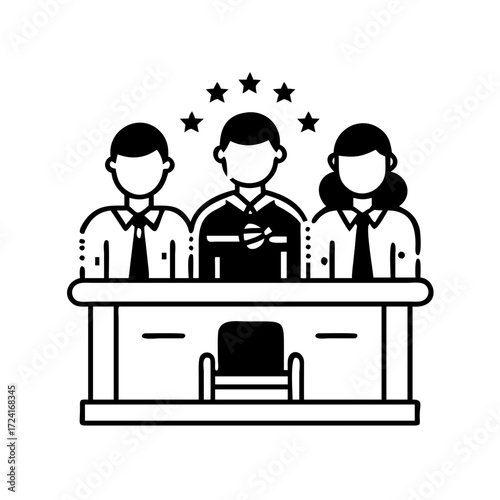 Vector art of a panel of judges evaluating competition, assessing performance and awarding recognition