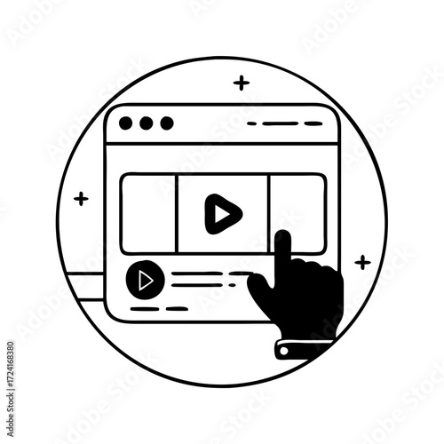 Vector art of video player on a web page with a hand pointing, online video concept