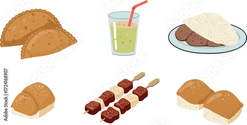 Assorted food illustrations: empanadas, drink, and skewers