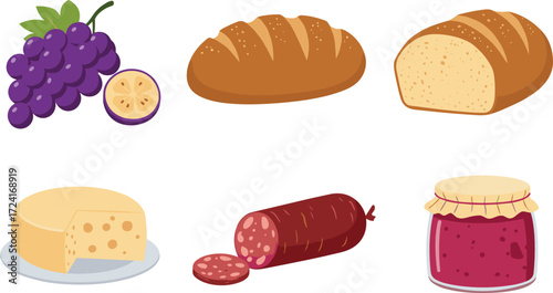 Assortment of food items: grapes, bread, cheese, salami, and jam
