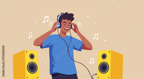 Man enjoying music with headphones and speakers