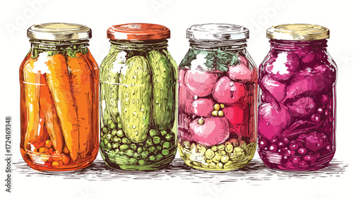 Colorful Pickled Cans Filled with Fresh Mixed Vegetables Vector Illustration
