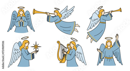 Celestial beings with wings and halos playing musical instruments
