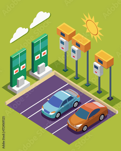 A smart meter charging station in a parking lot its solar panels providing energy to multiple meters for electric cars.. Vector illustration