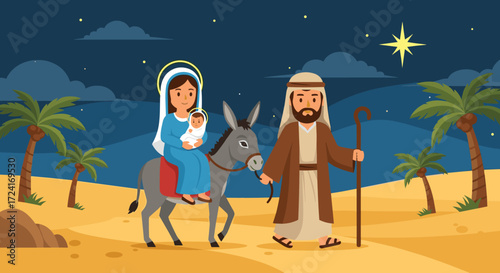 Nativity scene mary rides donkey joseph walks under starry night