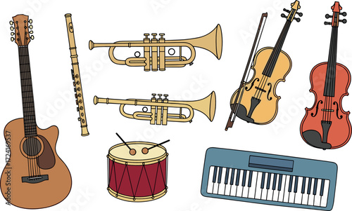 Collection of various musical instruments on a white background