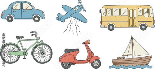 Collection of hand drawn vehicles including cars planes buses bikes scooters and boats
