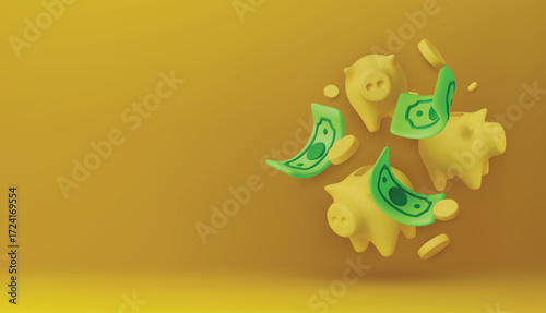 Money Piggy bank creative business concept. Realistic 3d design. Pink pig keeps gold coins. Safe finance investment. Financial services. Landing page template mockup for website. Vector illustration