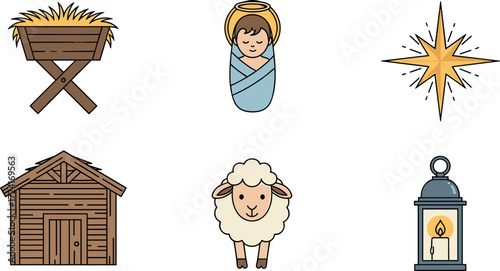 Christmas nativity scene elements illustrated set