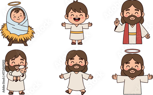 Cute cartoon jesus characters in various stages of life