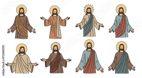 Collection of eight stylized illustrations of jesus christ