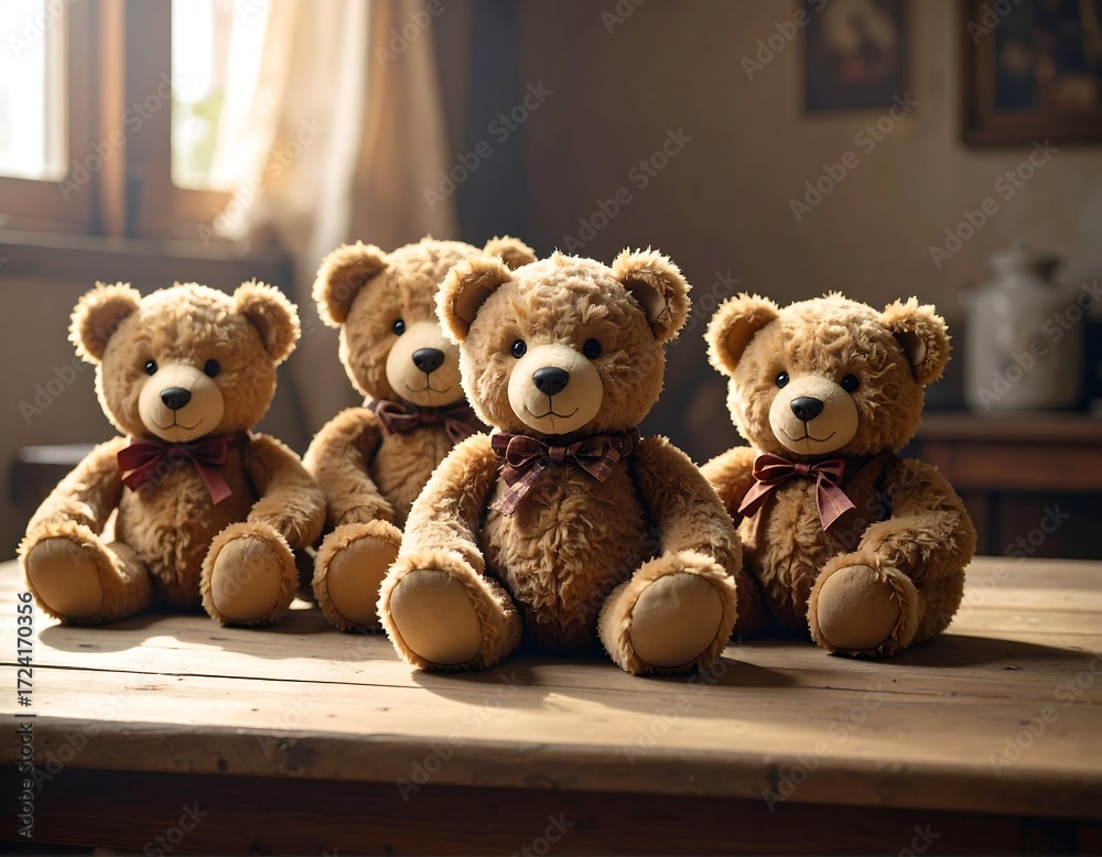 Obraz premium Four teddy bears, light brown fur, seated in a row on a wooden table, warm interior setting