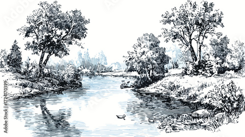 Serene Pond Landscape Vector Scene for Graphic Design Projects