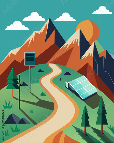 A rugged mountain trail leads to a clearing with a solarpowered charging point allowing adventurous electric car owners to explore even the most remote nature reserves.. Vector illustration