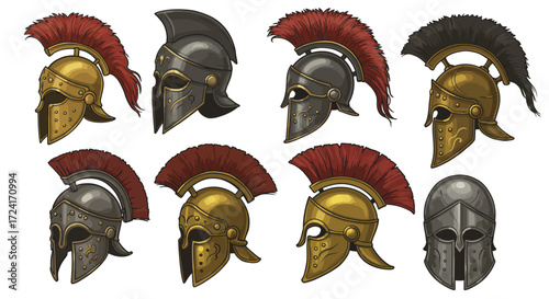Ancient greek and roman helmets with red plumes on white background
