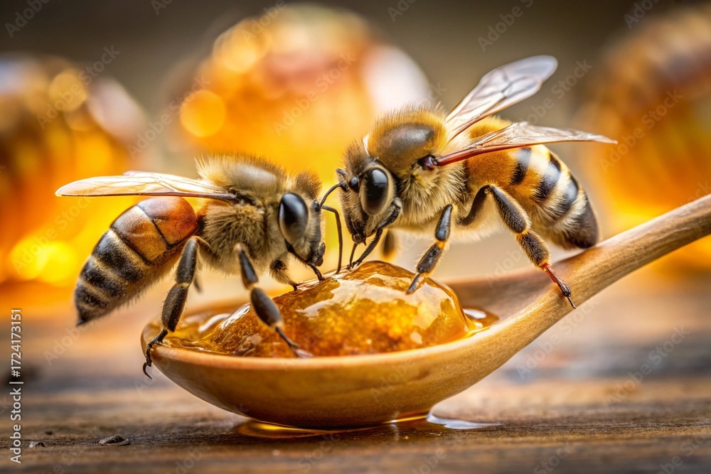 Naklejka premium Close Up of Two Honey Bees Drinking Honey from Wooden Spoon