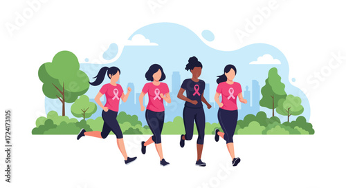 Flat style illustration of diverse women running outdoors with pink ribbons, promoting Breast Cancer Awareness Day, fitness, health, prevention, solidarity, and community support