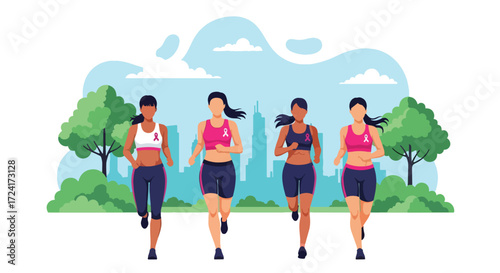 Flat style illustration of diverse women running outdoors with pink ribbons, promoting Breast Cancer Awareness Day, fitness, health, prevention, solidarity, and community support