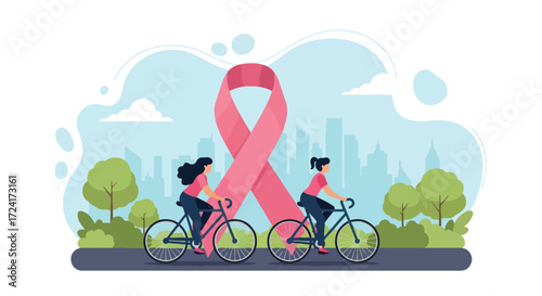 Flat style illustration of women cycling outdoors with a large pink ribbon, promoting Breast Cancer Awareness Day, fitness, health, prevention, and community support