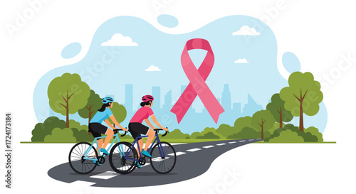 Flat style illustration of women cycling outdoors with a large pink ribbon, promoting Breast Cancer Awareness Day, fitness, health, prevention, and community support