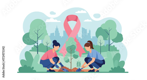 Flat style illustration of two women planting a tree with a hope and growth banner, symbolizing Breast Cancer Awareness Day, renewal, healing, and community support for survivors and prevention